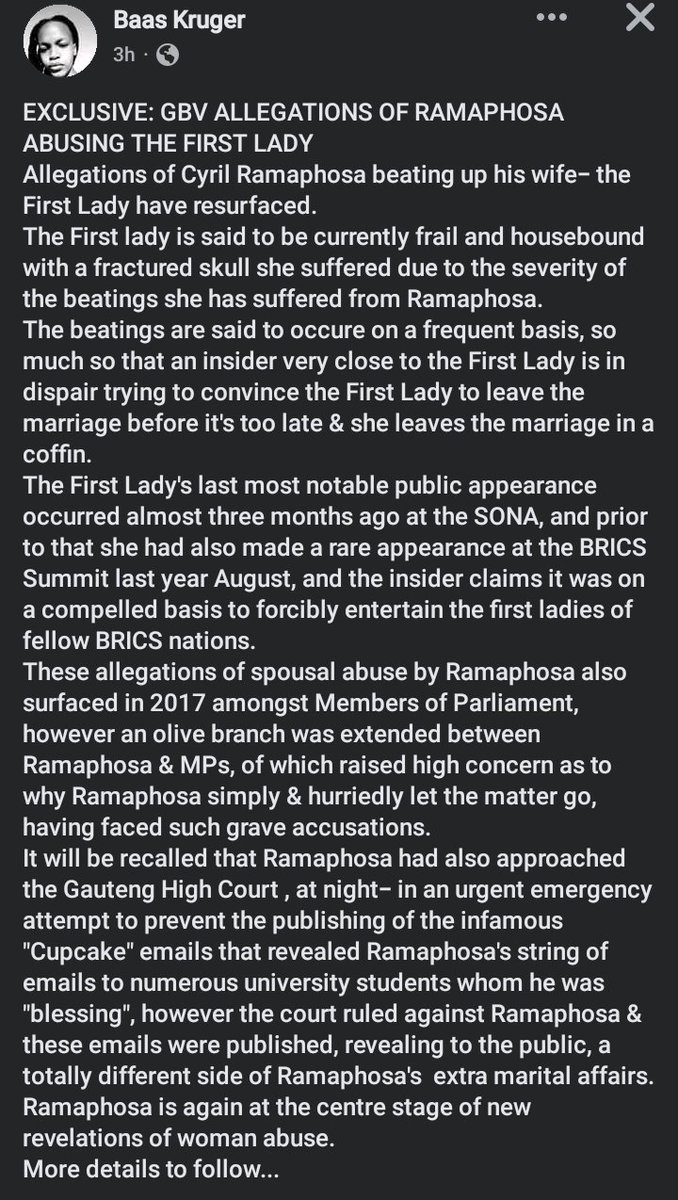 Baas Kruger on Facebook : Exclusive News Update❗️ALLEGATIONS OF CYRIL RAMAPHOSA BEATING UP HIS WIFE-THE FIRST LADY HAVE RESURFACED #EndGBV #GBVmustfall @Gentlements @ntsikimazwai