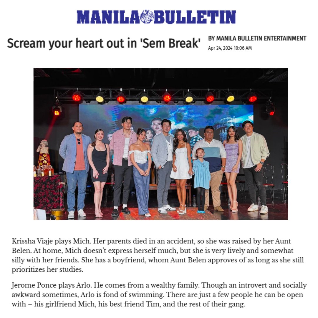 Scream your heart out in 'Sem Break' - Manila Bulletin Entertainment 

'Catch the Univerkada as they fight for their lives in “Sem Break.” It premieres May 10, 2024, and a new episode airs every Friday exclusively on Viva One.' 

#KrisshRome

READ:  mb.com.ph/2024/4/23/scre…