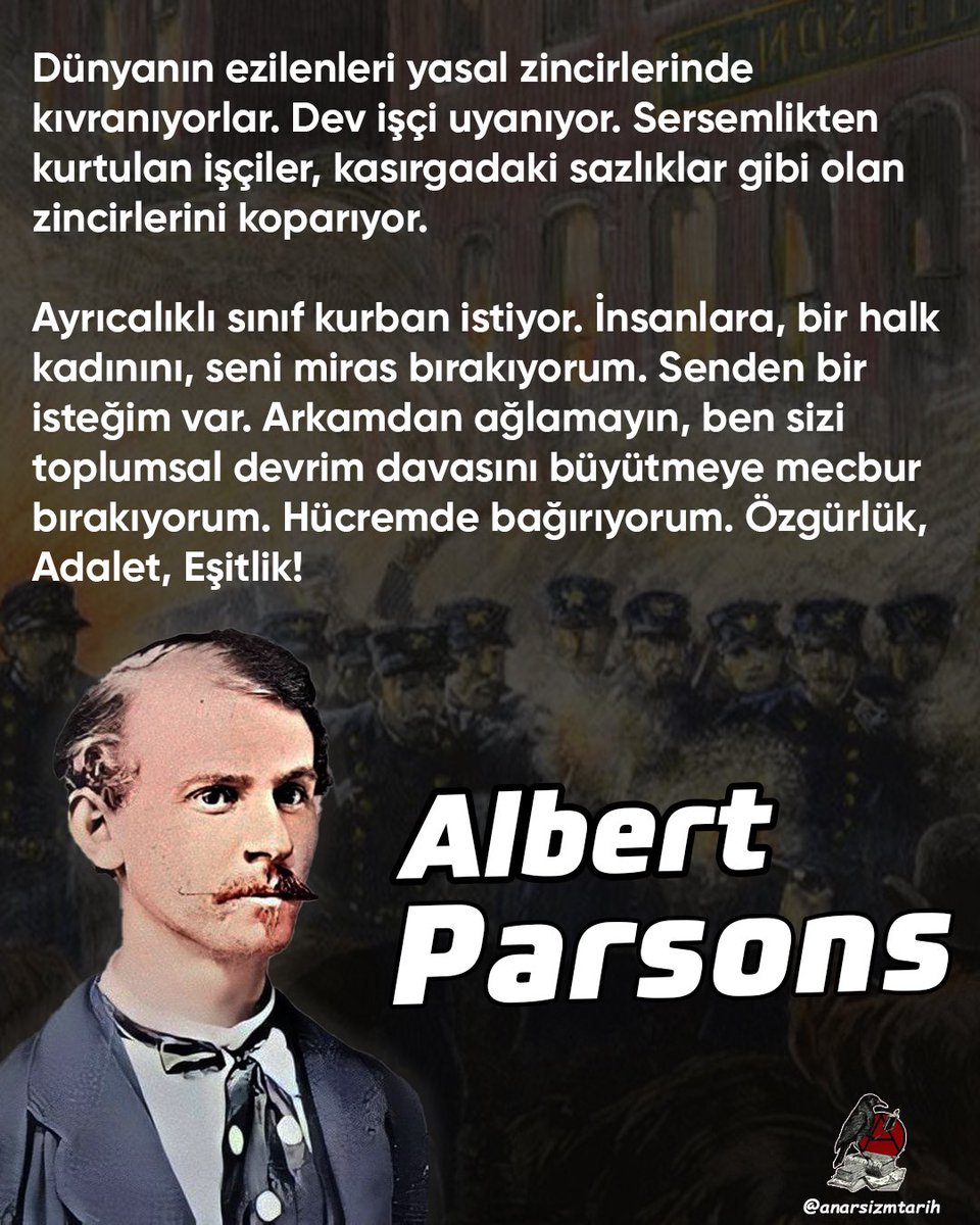 14 Eylül 1887’de Lucy Parsons’a şöyle yazıyordu:

"Senden bir isteğim var. Arkamdan ağlamayın, ben sizi toplumsal devrim davasını büyütmeye mecbur bırakıyorum. Hücremde bağırıyorum. Özgürlük, Adalet, Eşitlik!”