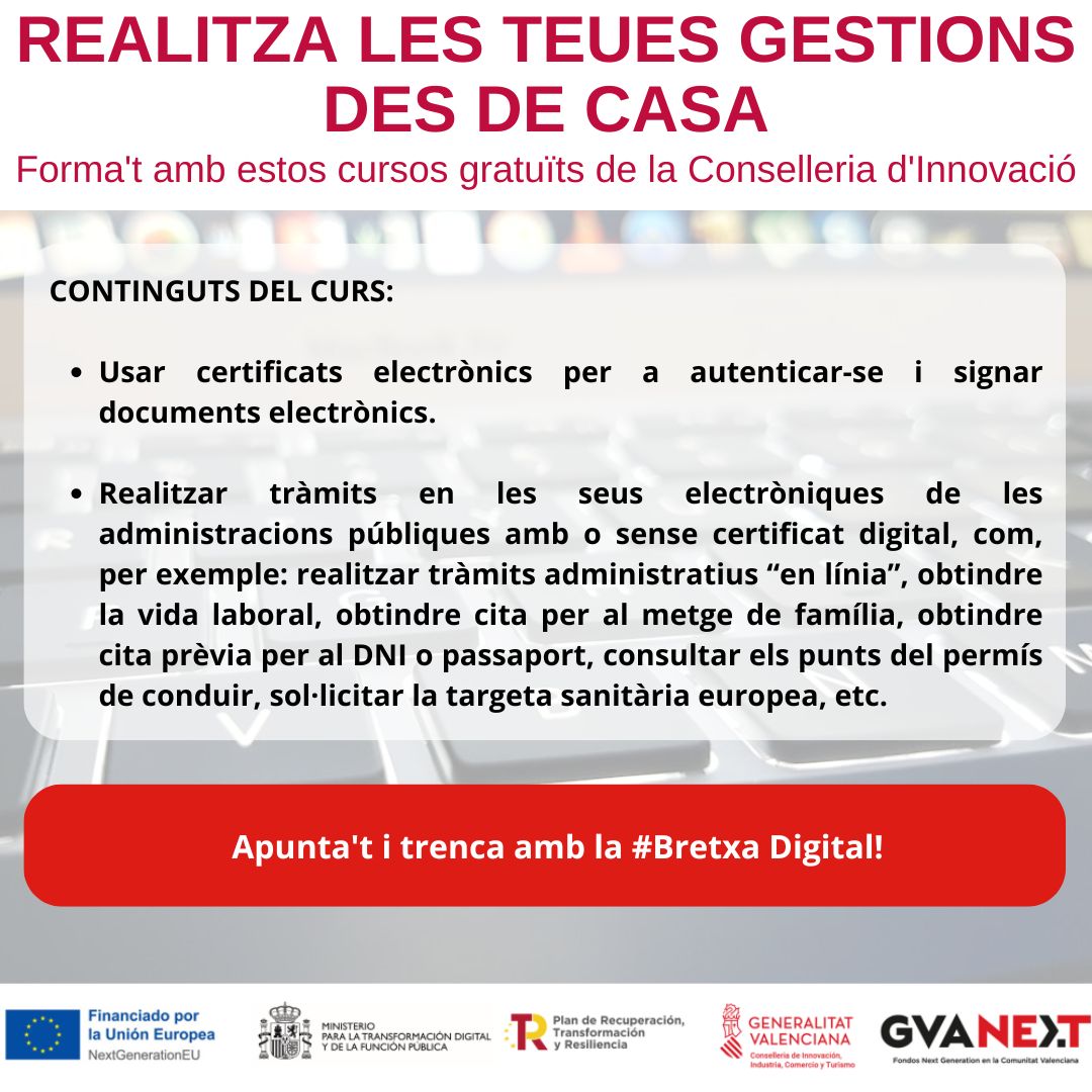 Xativa's tweet photo. 💻 NOU CURS GRATUÏT D'INFORMÀTICA

👩‍💻 Aprén a utilitzar certificat electrònic i a realitzar tràmits amb les administracions públiques.

🗓️ Dies 22, 24, 28, 29 i 31 de maig de 9.00 a 14.00 h.

📝 Apunta't al correu capacitacio@xativa.es o presencialment a la Casa de les Dones. https://t.co/Ap0yZtawpw