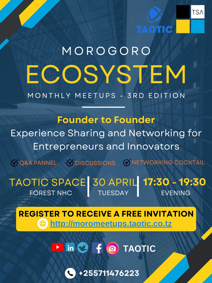 Founders in Morogoro are meeting this evening at the Founder to Founder Meetup organised by @TaoticLaunchpad 🫡 If you're a company founder and you're in Morogoro, we invite to join for an evening of experience sharing and networking at Forest Hill NHC, TAOTIC Space. Register