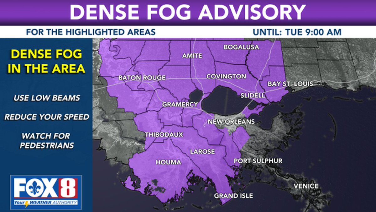 DENSE FOG ADVISORY: The areas highlighted in purple may see visibility drop to 1/4 mile or less at times. #lawx #mswx #nola