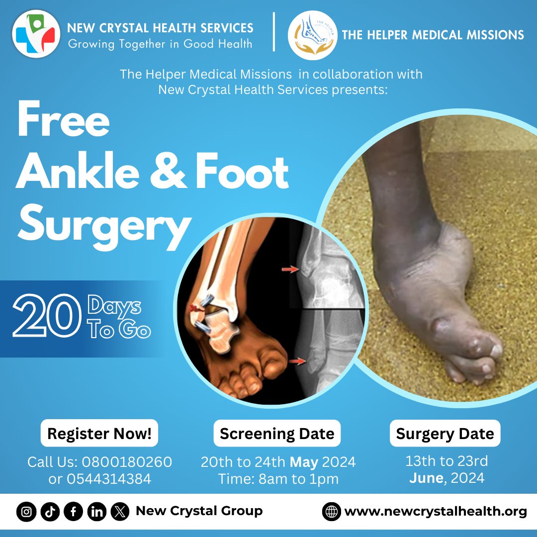 20 days to go! #Free Ankle & Foot Surgery!
Do you or someone you know suffer from ankle or foot problems? Here's some great news! We are offering free surgery.
Register now by calling 0800180260 or 054 431 4384

#FreeSurgery #NewCrystalHospital #HealthcareMissions #CSR #health