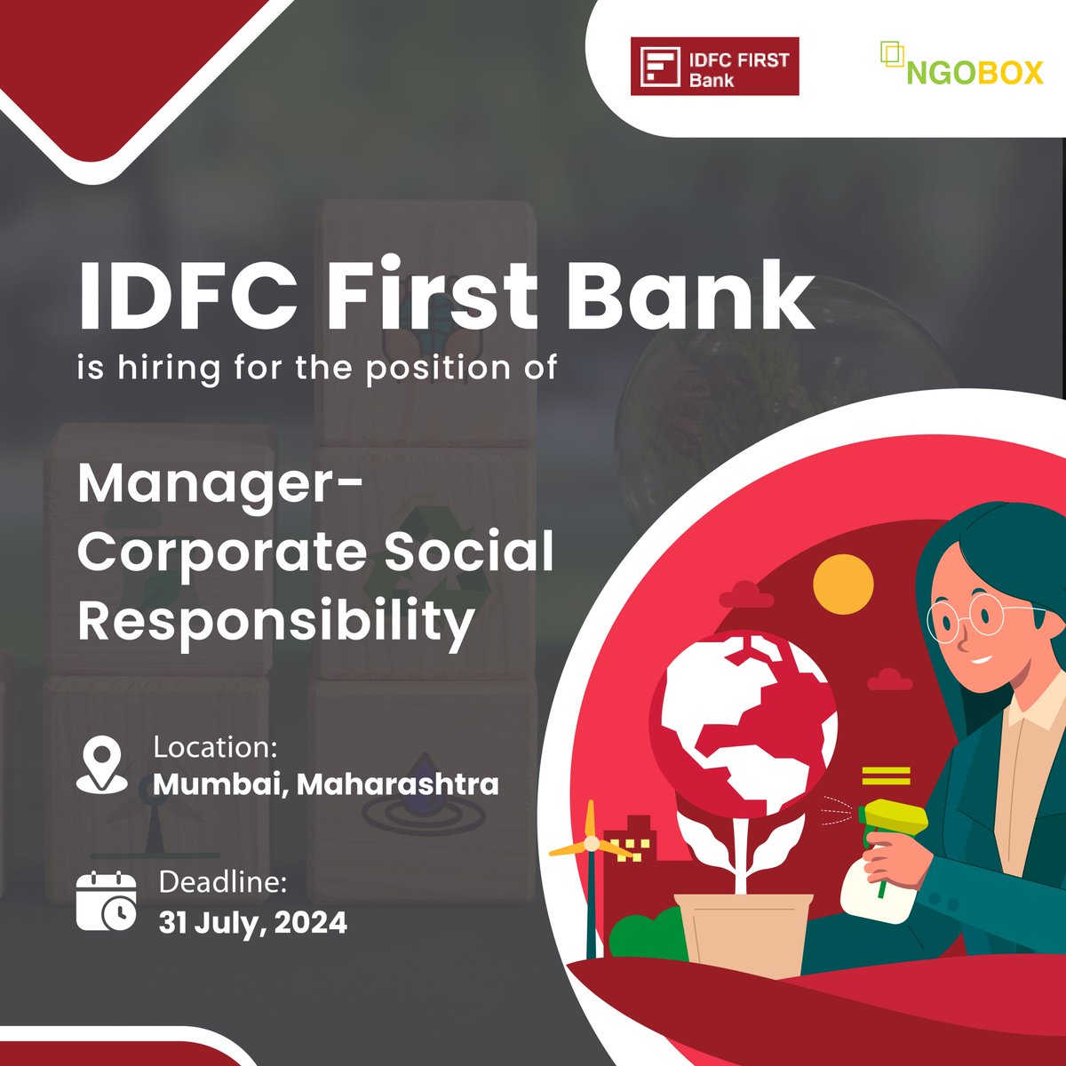 #JobOpening @IDFCFIRSTBank is hiring for the position of - Manager-Corporate Social Responsibility Required: Graduation - Bachelor's degree in a relevant field (e.g., Agriculture, Rural Development, Social Sciences, Business Administration) Apply: ngobox.org/job-detail_Man…