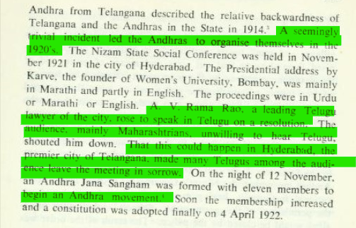 A slighted Telugu will split states just on a whim. be it Madras or Nizam's Hyderabad state. No one else A trivial incident of slighting a Telugu who wanted to talk in Telugu shouted down by Maharashtrians, that were ok with English/Urdu but not Telugu that split Hyderabad State.