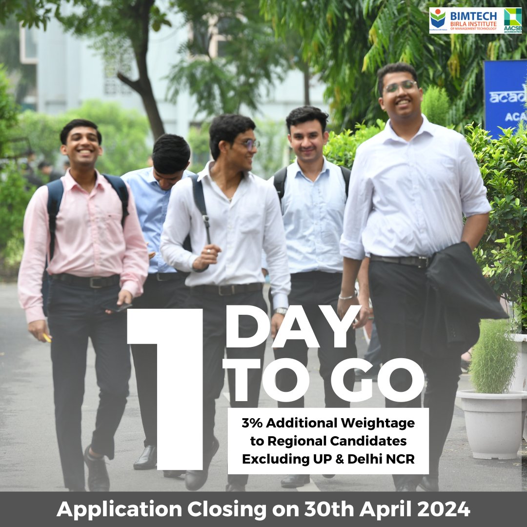 Calling all aspiring business leaders!
Applications for our full-time residential PGDM programs close TODAY, April 30th, 2024.

🏃 Hurry, Apply now - lnkd.in/dXTas8VG

#bimtech #pgdm #mba #managementeducation #internationalbusiness #insurancebusiness #retailmanagement