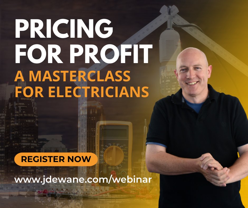 #Electricians, Learn the Three Steps To Pricing For Profit

Join me for an online webinar where we'll dive into the essential strategies for pricing your services to maximise profit!

Click here to register for free
👇👇👇
jdewane.com/webinar 

#pricingforprofit #freetraining