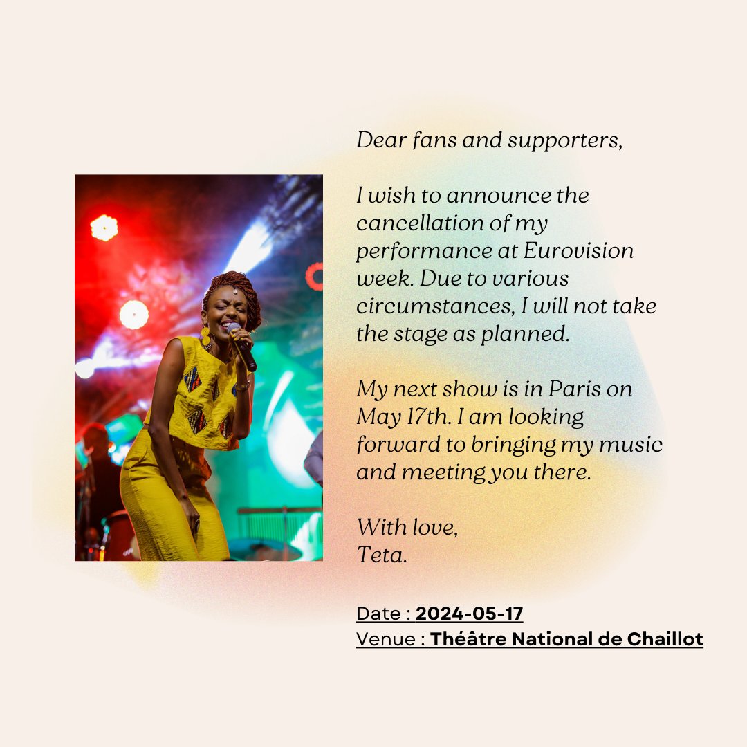 Good morning.

I wish to announce the cancellation of my performance at the opening of Eurovision week scheduled on May 04th.

My next concert is in Paris, May 17th at Théâtre National de Chaillot. More details to come - See you there.