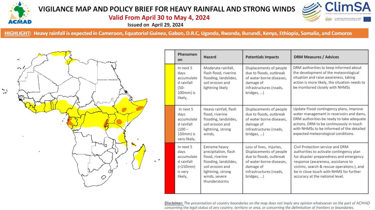 ℹ️5-Days #Heavyrainfall forecast (Apr 30- May 4, 2024)
⛈️Heavy rainfall is expected in #Cameroon, #EquatorialGuinea, #Gabon, #DRC, #Uganda, #Rwanda, #Burundi, #Kenya, #Ethiopia, #Somalia, and #Comoros
Details➡️bit.ly/46mLXuV
#Rainfallforecast #Africa #earlywarningforall