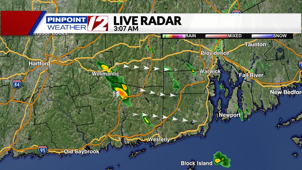 We've got a t'storm moving through E'rn CT....folks in Kent and Washington Counties in RI may get woken up a little earlier than normal.