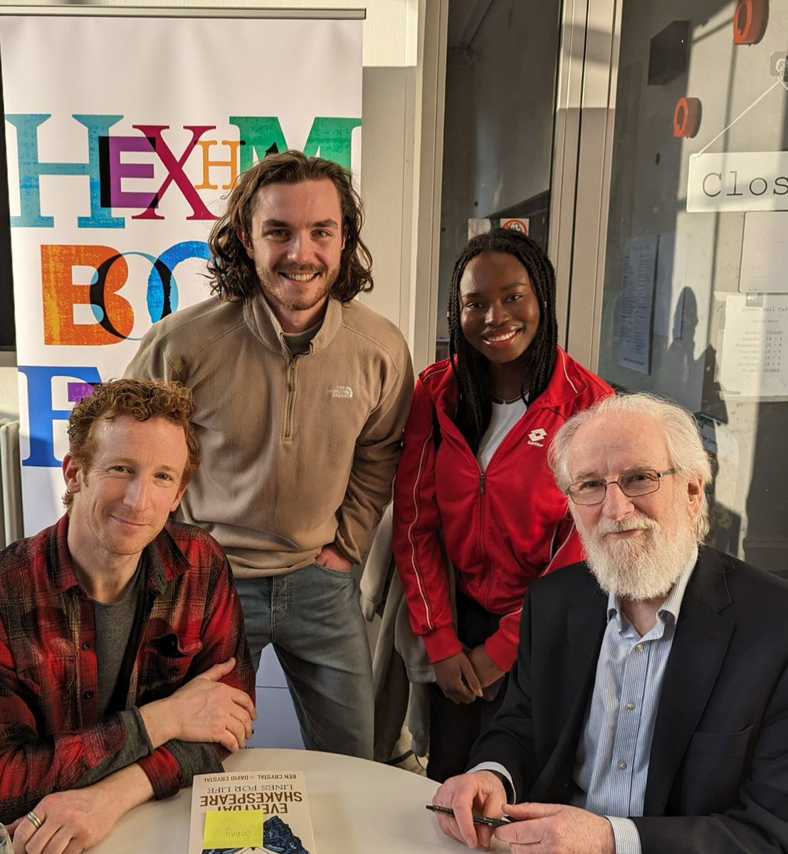 English students Sonny and Favour in Y13 met renowned linguist David Crystal and his son, actor and writer @bencrystal this week @hexhambookfest where they heard them speak about their new book on the language of Shakespeare!