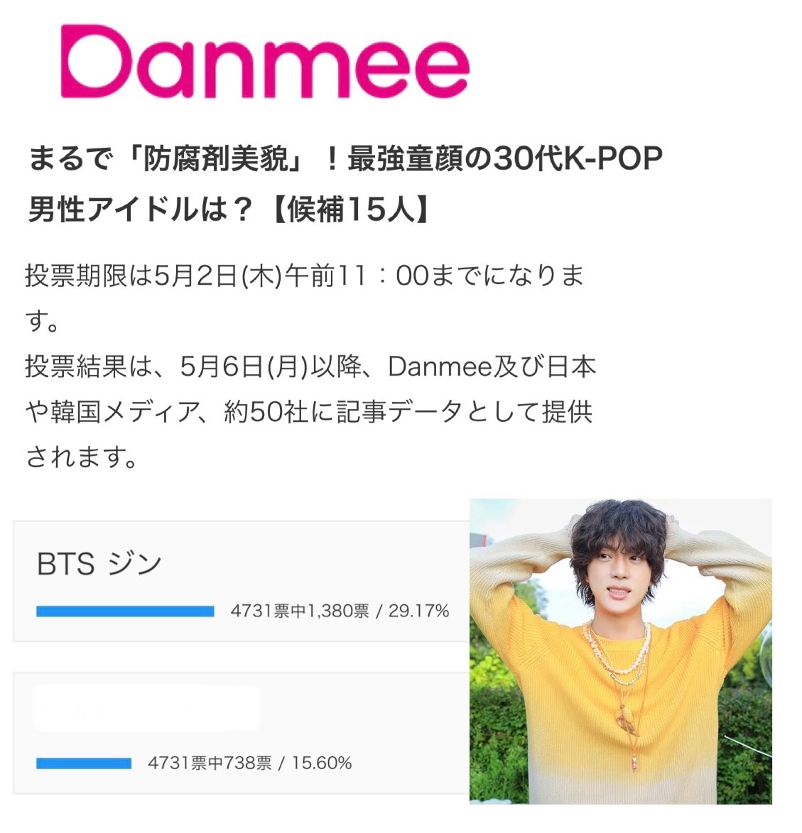 🗳️Danmee 「 まるで「防腐剤美貌」！最強童顔の30代K-POP男性アイドルは？」 🗓️4/26〜5/2 AM11:00 🔗 danmee.jp/survey/bouhuza… 🐹現在 第1位 投票結果は記事になります ジンに投票をお願いします（4/30） #방탄소년단진 #JIN #BTSJIN @BTS_twt