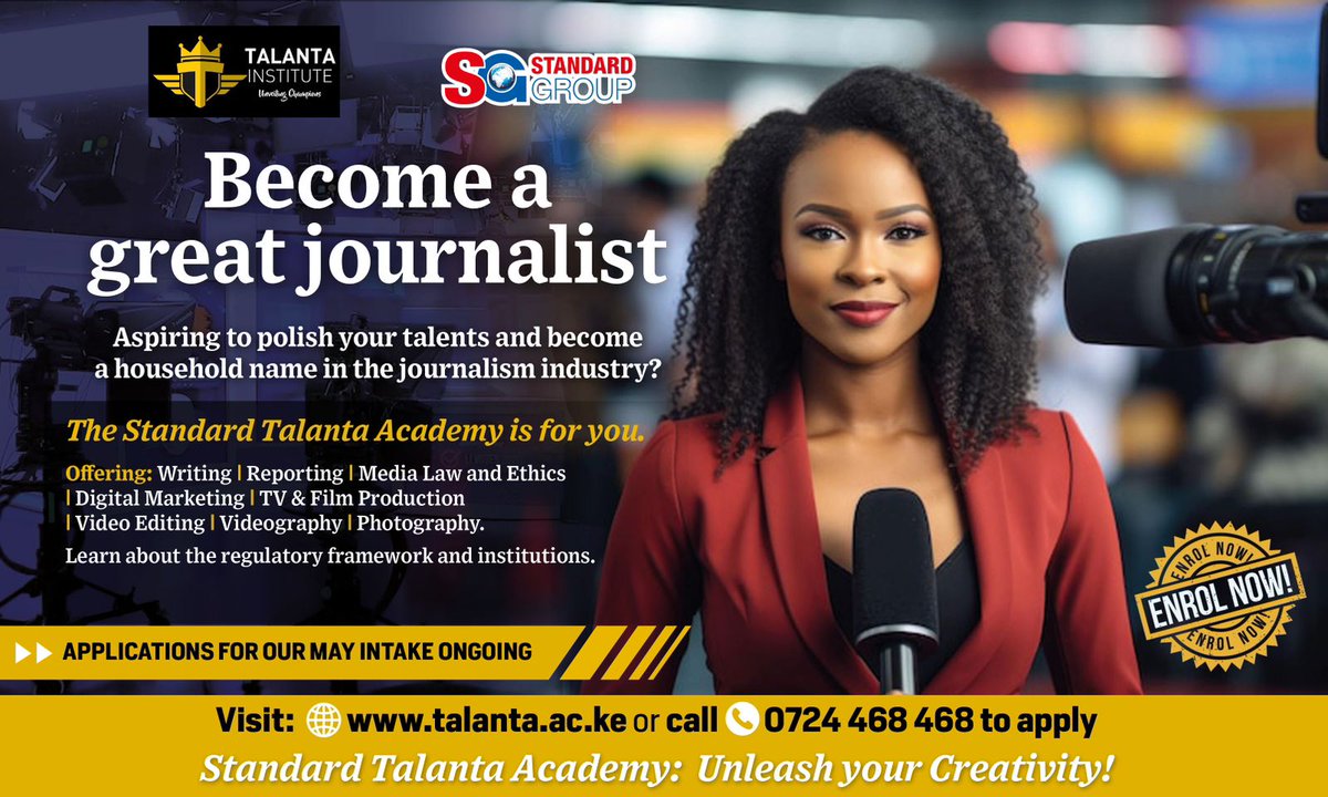 Unlock your potential with The Standard Talanta Academy! Embark on a transformative journey where your talents are sharpened to perfection. Our comprehensive curriculum empowers you to excel in every aspect of the industry. Enroll now visit talanta.ac.ke