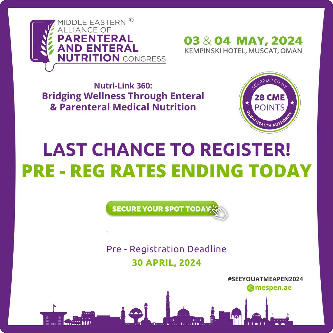 Hurry! Final opportunity to secure your seat at pre-registration rates for the upcoming #MEAPEN2024 happening on 03 & 04 May 2024 at Kempinski Hotel, Muscat, Oman.

Register at - mespen.ae/registrations

#NutritionResearch #nutrition #health #parenteralnutrition #onds #CME