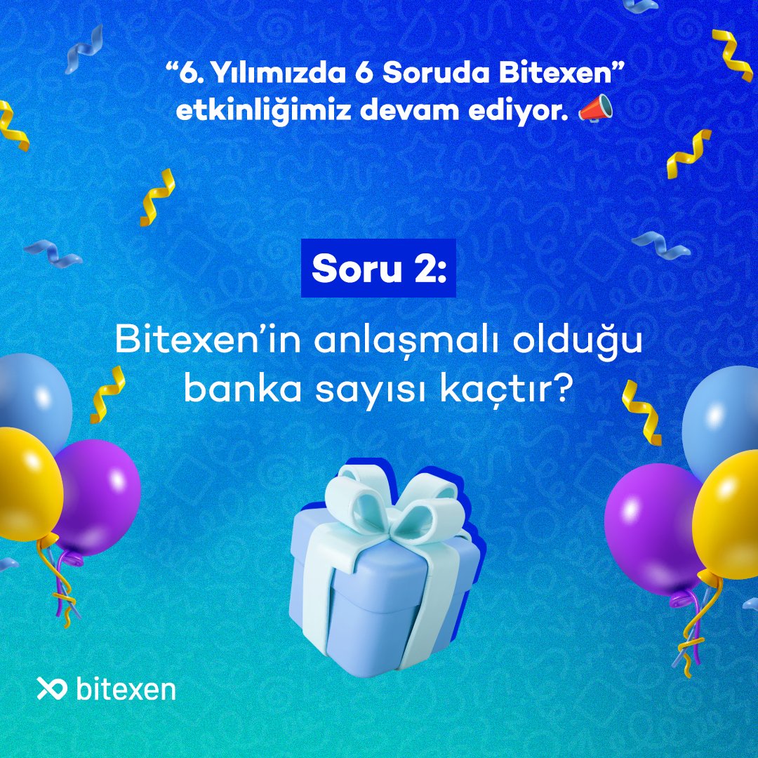 '6. Yılımızda 6 Soruda Bitexen' Ödüllü Soru Yarışması Devam Ediyor 📣 💙 ➡️ GÖREV: Takip et, Paylaş, 100 Puan Kazan ! ➡️ Soruları yanıtla, 60 EXEN kazanma şansını yakala ! 🎁 X hesabını Bitexen hesabınla eşleştir, @bitexencom hesabını takip et, bu gönderiyi paylaş (repost et),…