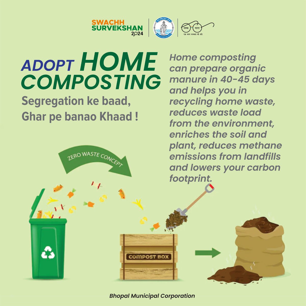 Home Composting ! 
It is a great way to recycle the organic waste we generate at home.

#ULBCode802312
#BMCNews
#Composting
#RRR 
#wastesegregation
#SwachhSurvekshan2024Bhopal
#swachhbhopal