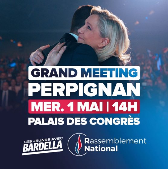 RDV DEMAIN À 14h ! 🔵⚪️🔴Grand meeting avec @J_Bardella & @MLP_officiel à #Perpignan. #TousAPerpignan #VivementLe9Juin