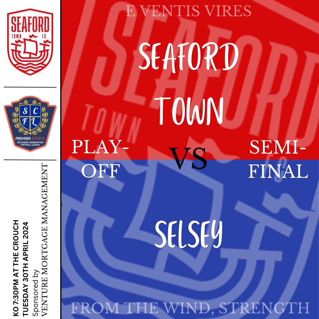 MATCH DAY!!! 🆚 Selsey 🏆 SCFL Division 1 Play-Off Semi-Final 📅 Tuesday 30th April 2024 🕒 7:30pm KO 🏟 The Crouch, BN25 1AE 🎟 £6 Adults | £3 Concessions | U16 FREE 🍺🍔☕️ OPEN Match Sponsor: Venture Mortgage Management #UpTheTown