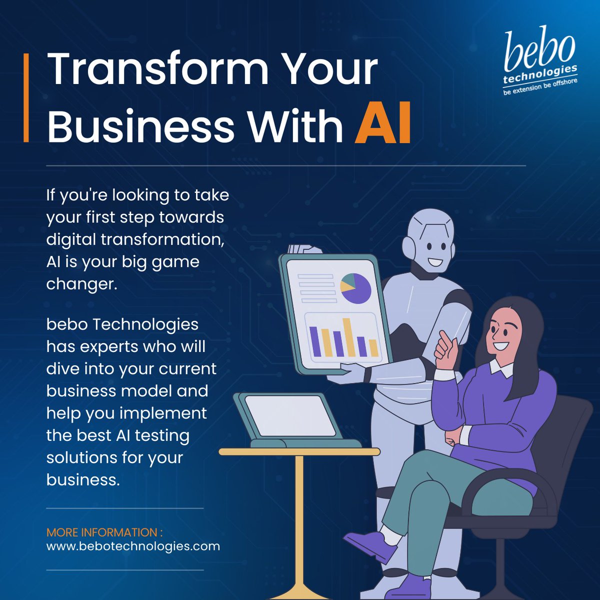 Let bebo Technologies be your trusted partner in navigating the complexities of AI. With our comprehensive expertise, we'll guide you through every step of your AI journey, ensuring seamless integration and optimal performance. 

Explore More: tinyurl.com/mrtfjan8