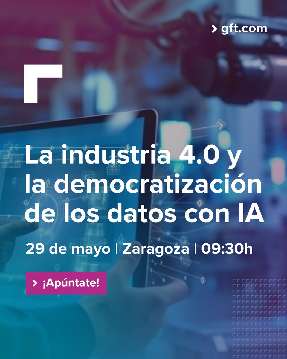 Descubre las posibilidades de la nueva revolución industrial basada en los datos. Únete a nosotros en el evento “La industria 4.0 y la democratización de los datos con IA” 📍 29 de Mayo a las 9:30h en @ibercaja Xplora, Zaragoza. 🔵 Inscríbete aquí, ¡plazas limitadas!