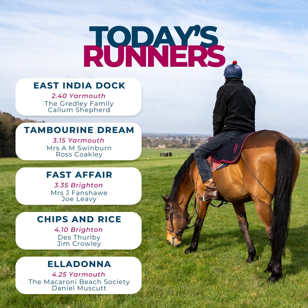 𝐓𝐨𝐝𝐚𝐲'𝐬 𝐑𝐮𝐧𝐧𝐞𝐫𝐬 @GTYarmouthRaces 2.40 - East India Dock (@CallumSheppy) 3.15 - Tambourine Dream (@RossCoakley) 4.25 - Elladonna (@D_Muscutttt) @BrightonRace 3.35 - Fast Affair (@Joeleavy05) 4.10 - Chips And Rice (@JimCrowley1978) Good luck all!