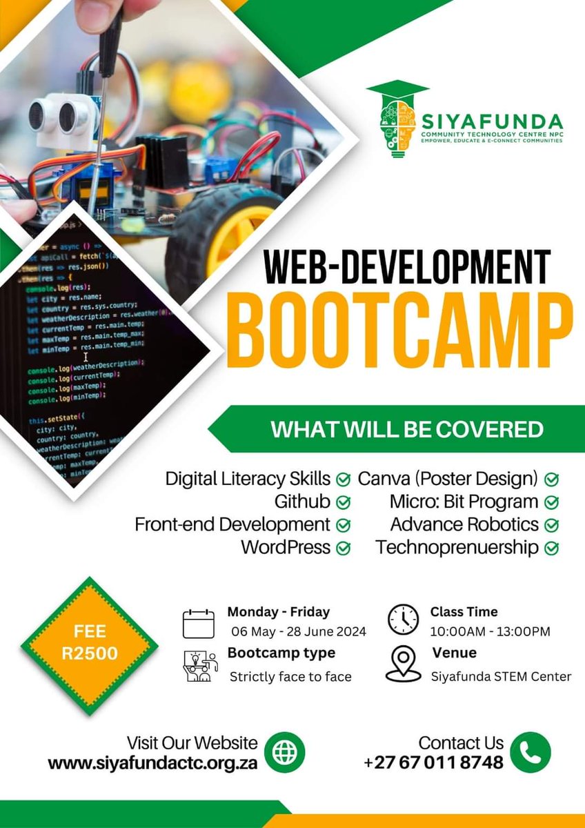 🥳6 More days to go🥳Level up your coding skills and join us for an intensive web development bootcamp! 💻  
Register below! 🚀 
forms.office.com/r/pPcri6rwhb

#SiyafundaCTC
#WebDevelopment 
#Bootcamp 
#CodeNewbie 
#TechJourney