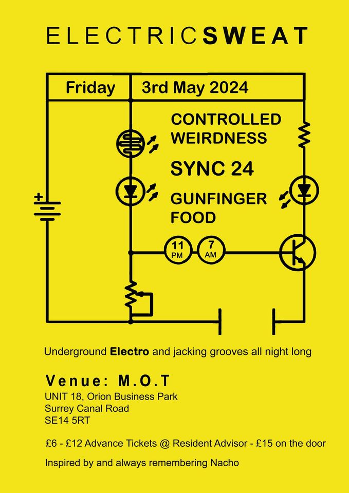 Electric Sweat this Friday at Venue MOT, Surrey Canal Road SE14, 'underground electro & jacking grooves' from @CWeirdness & co - check out a mix of what you might hear: soundcloud.com/controlled-wei…