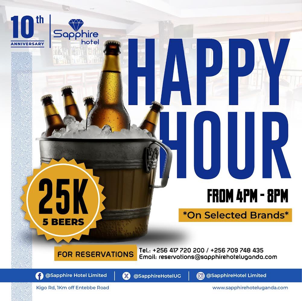 Good times and great drinks await you at our happy hour!
Join us at The Gem Bar and let the enjoyment begin. 4pm - 8pm
For more details or reservations call +256 709748435

#sapphirehoteluganda #happyhour #May2024 #pearlofafrica #beerhour #kampala #Entebbe #chillout #unwind