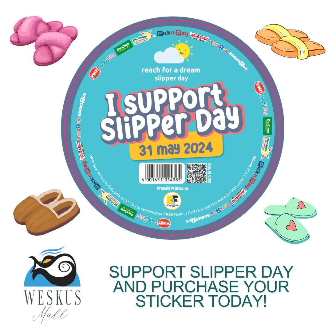 Step into your slippers this Slippers Day! Happening Friday, the 31st May 2024. Support this incredible cause and purchase your stickers for only R20! Stickers can be bought from Wimpy SA @picknpay @dischemhealth #WeskusMall #SlipperDay #Stepintoyourslippers