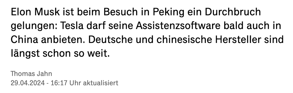 'Deutsche und chinesische Hersteller sind längst schon so weit.'

Das lasse ich einfach mal hier stehen, um mich in einigen Jahren darüber totzulachen.

$TSLA #Tesla #FSD #AutonomousDriving