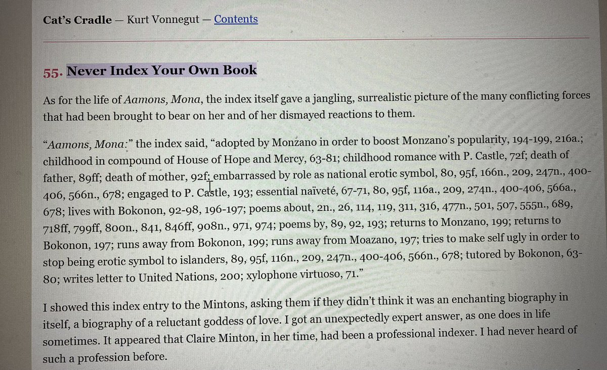 susanbanki's tweet image. Holy hell, #KurtVonnegut was right. #Indexing is the devil’s dessert. Almost done, though!