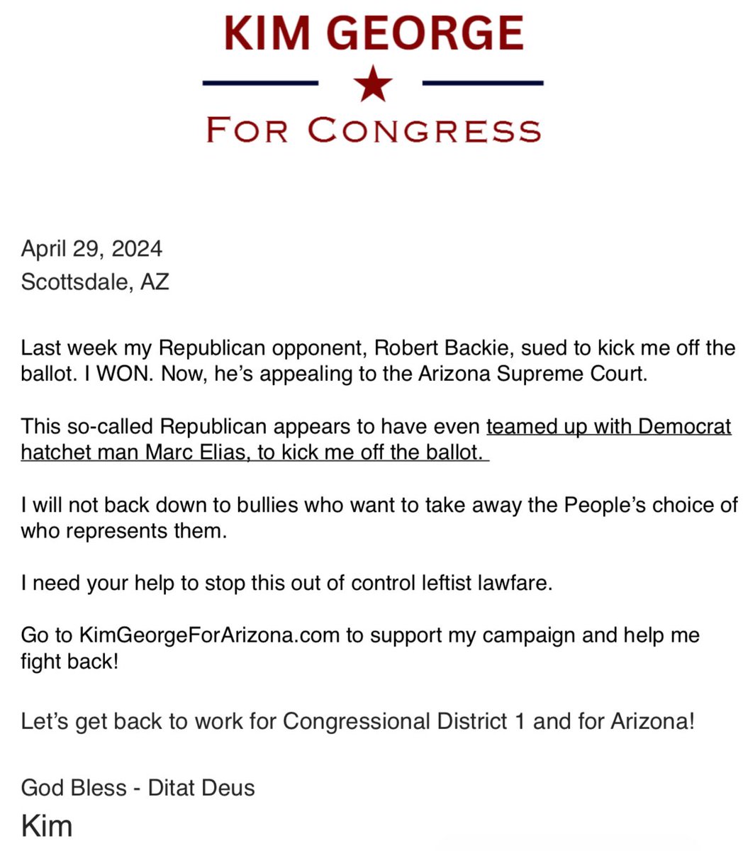 Well, here we go again…Just when you thought law fare was only from the Democrats, it’s now from within the Republican party. Please go to KimGeorgeForArizona.com to help me fight back!