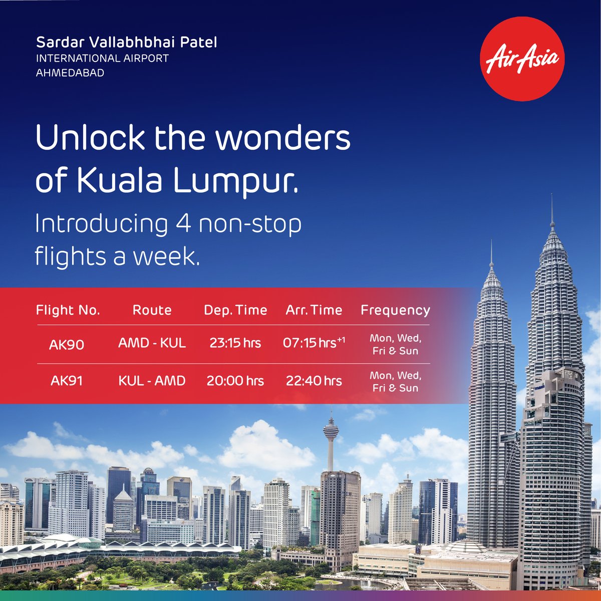 Brace yourself for an adventure of a lifetime in #KualaLumpur. From 1st May, @airasia is going to start direct flights to Kuala Lumpur from #Ahmedabad. So, book your tickets on @Adani_One and immerse yourself in the rich tapestry of this vibrant city. #GatewayToGoodness #SVPIA