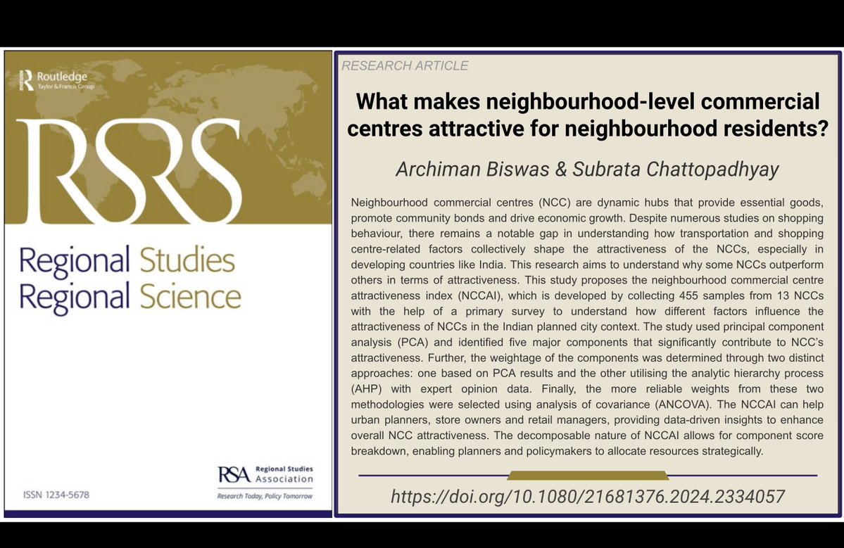 🏘️🏬 New #OpenAccess #research from Archiman Biswas & Subrata Chattopadhyay in @RSRS_OA. Developing indices of local commercial centre attractiveness. 'What makes neighbourhood-level commercial centres attractive for neighbourhood residents?' doi.org/10.1080/216813…