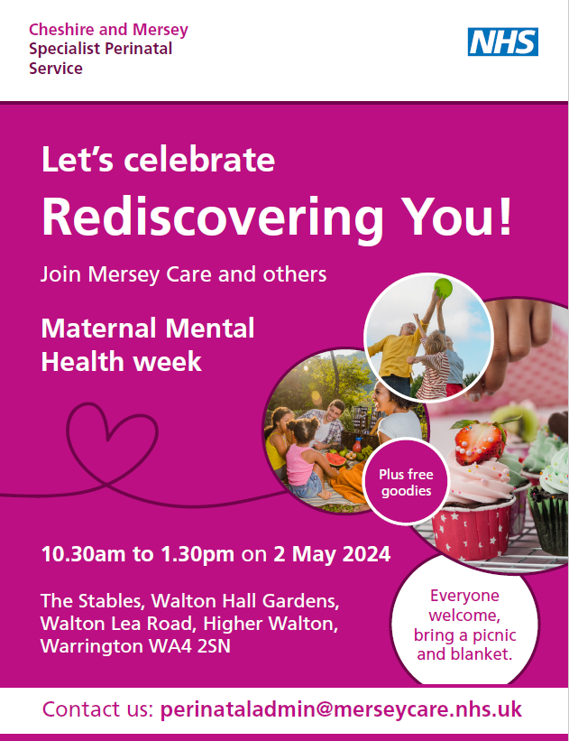 Join us this Thursday for #MaternalMentalHealthDay to 'Rediscover You' 💗 

There'll be activities for parents and babies, local organisations and other parents to chat too.

Bring a blanket and a picnic and let's celebrate together 👶🏽

@HWWarrington @WarringonBC @NHSNW @HWHalton