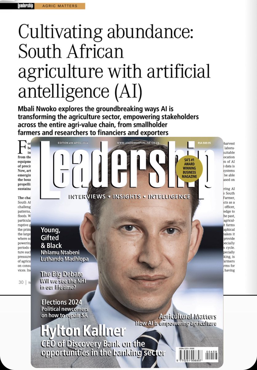 I’m excited to announce the debut of my new column, “Agriculture Matters” in Leadership Magazine. 

In my first article, I delve into the fascinating intersection of AI and Agriculture. 

Link to magazine (article on pg 30)👇🏽

leadershiponline.co.za/magazine/424/

#AI #Agriculture