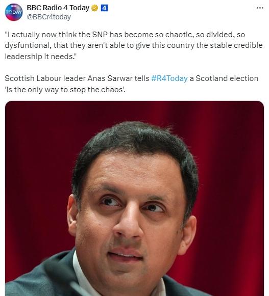 This is political campaigning by the BBC. Nobody in the corporation wants to derail Labour's bid to defeat the SNP. Sarwar doesn't experience interviews in the normal sense. He is being both shielded and promoted. The next election will be a test of BBC influence in Scotland.