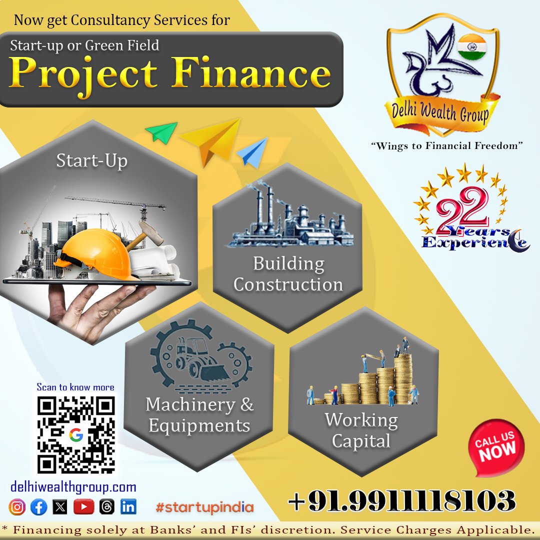 Start-Up or Greenfield Project Finance.
#DWSPL #delhiwealthgroup #financeconsultant #loanservices #consultancyservices #financeadvisor #workingcapitalloans #projectfinance #financialservices #homeloans #housingfinance #loanagainstproperty #msmeloan