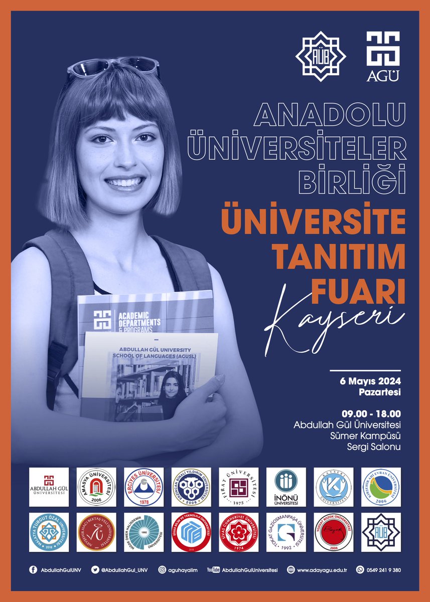 AGÜ, Anadolu Üniversiteler Birliği'nin düzenlediği tanıtım fuarına ev sahipliği yapıyor. Lise öğrencilerini, 6 Mayıs Pazartesi gerçekleştirilecek fuarda hem Sümer Kampüsü'nü tanımaya hem de katılımcı üniversitelerin stantlarını ziyaret etmeye davet ediyoruz.