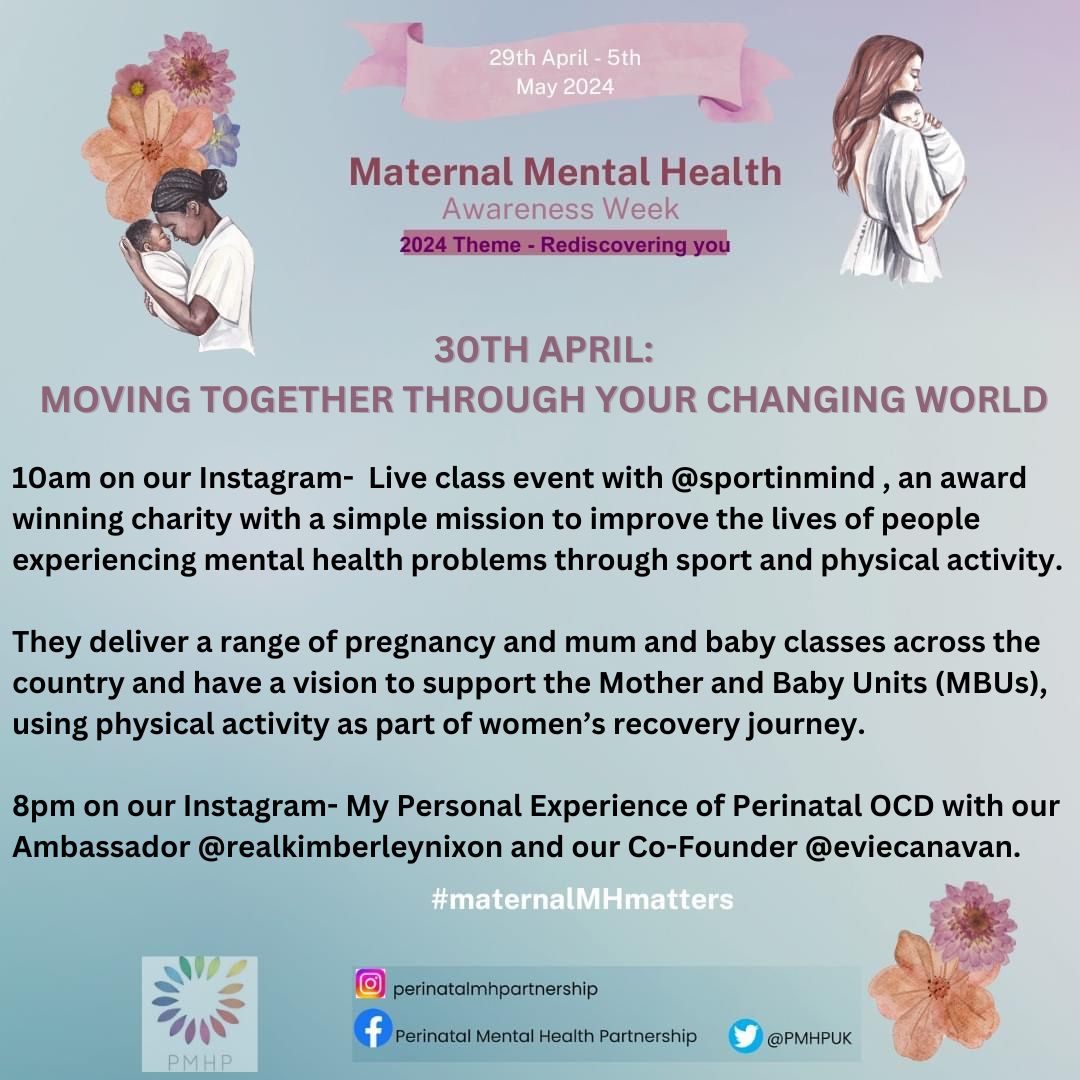 Welcome to Day Two of our @PMHPUK #maternalmentalhealthawarenessweek- todays theme is Moving Together Through Your Changing World - in collaboration with @sportinmind . #maternalmhmatters #movingtogetherthroughyourchangingworld #Rediscoveringyou #mmhaw #mmhaw24 #perinatalmh
