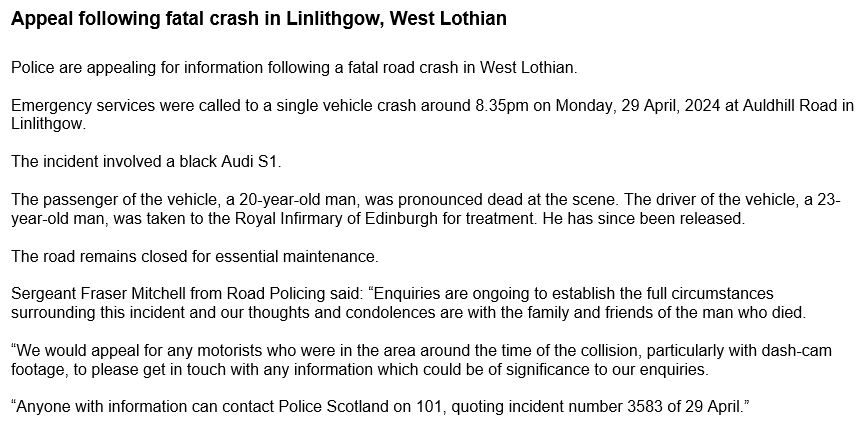 A 20-year-old man's died after a crash in Linlithgow yesterday evening.