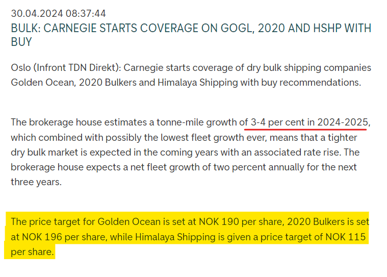 Carnegie Investment Bank starts coverage on some #drybulk names. They give the sector a BUY recommendation. Placing their $GOGL target price at 190 NOK (~$17.3) and $HSHP target price at 115 NOK (~$10.4). #shipping