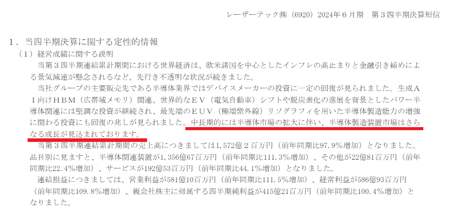 6920 レーザーテック　決算発表 「中長期的には半導体市場の拡大に伴い、半導体製造装置市場はさら なる成長が見込まれております。」🤩 数字的なことはみんなにお任せг〇゛ 個人的には日銀や決算資料も発言や文言が気になる👀