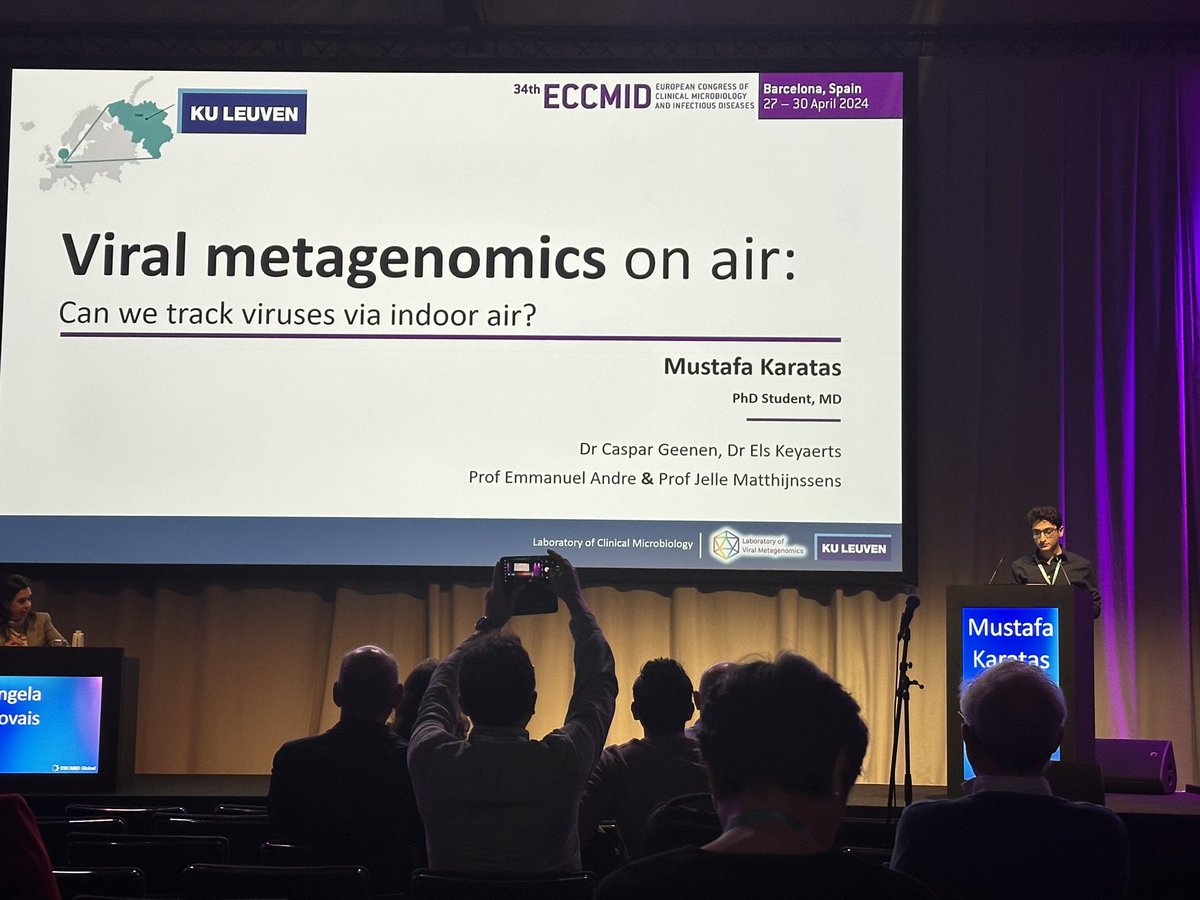 Can we move from invasive nasal sampling 👃 to analyzing air to track viruses? M. Karatas from @KU_Leuven works with air viral #metagenomics This allows to track different virus types moving around, not just human but insect, animals and plants too. #ESCMIDGlobal2024