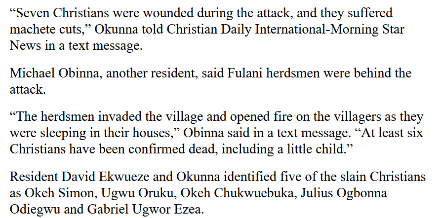 April 28: #Fulani militias attack a Christian village in #Enugu state, in the deep south of #Nigeria, where such violence is rare. Six people are killed, including a young child. Seven suffer machete wounds.