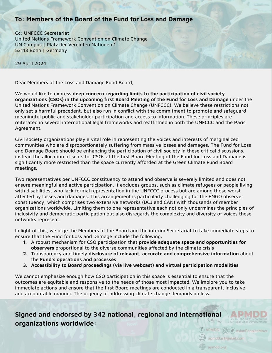 1/2. 📩In an important letter to the Board of the #LossAndDamage Fund led by @AsianPeoplesMvt, #CivilSociety organisations from across the world make it clear that their presence at #LossAndDamage Fund Board meetings is essential to ensure that policies reflect real-world needs!
