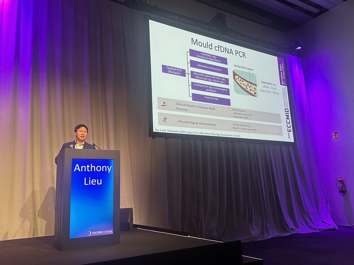 Now @AnthonyLieuMD of @Stanford on using cell free DNA PCR to detect mould infection. A real step up from galactomannan Invasive mould disease is one of the most horrible things you will ever see. Encouraging to see progress in diagnostics #ECCMID2024 #escmidglobal2024