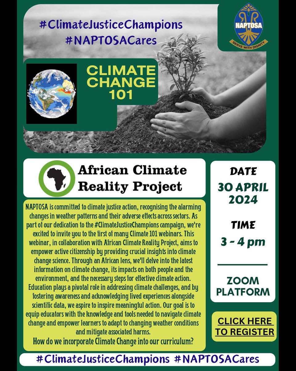 We are proud to partner with the National Professional Teachers' Organisation of South Africa (NAPTOSA) in a series of webinars for their members, aimed at equipping teachers with the necessary information on climate literacy- related topics. #ClimateJusticeChampions