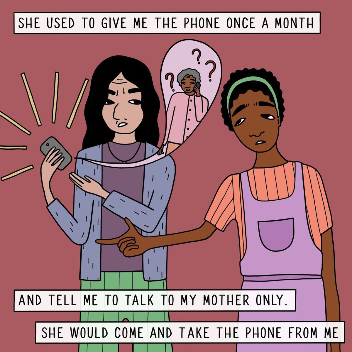 “She used to give me the phone once monthly just for 5 mins. She’d tell me to only speak to my mother & no one else. Not my dad, siblings or my kids. I couldn’t say everything I had to say either She’d grab the phone from me and hang up.” #IncludeusintheLabourlaw #AbolishKafala