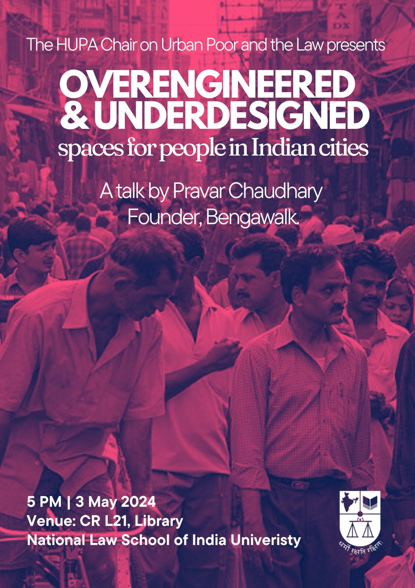 We are super thrilled to kickstart our talk series on the city with @bengawalk who would be talking 'Overengineered and Underdesigned: Space for Public in Indian Cities' this Friday at 5PM at NLSIU! (1/n)